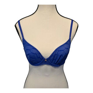 Savage x Fenty Bra Size 32B Blue Cyber Flocked Logo Unlined Demi Mesh Underwire
